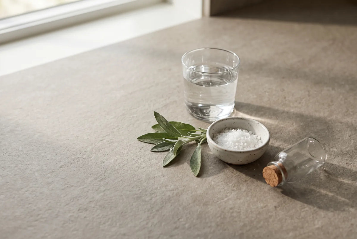 Verre d'eau, pot de sel fin et brosse à dents posés sur le rebord d'un lavabo.