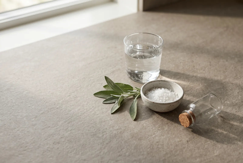 Verre d'eau, pot de sel fin et brosse à dents posés sur le rebord d'un lavabo.