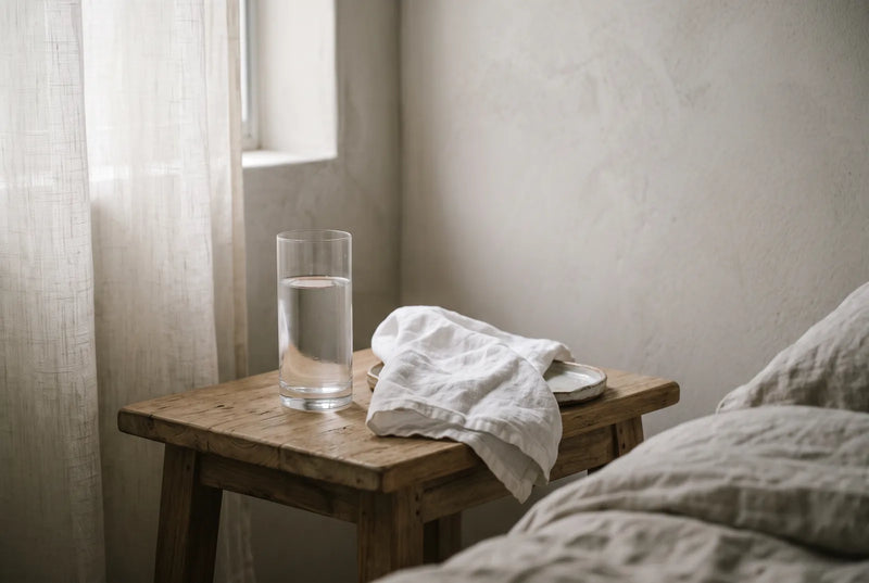 Personne qui se réveille dans une chambre claire et boit un verre d'eau posé sur la table de chevet.
