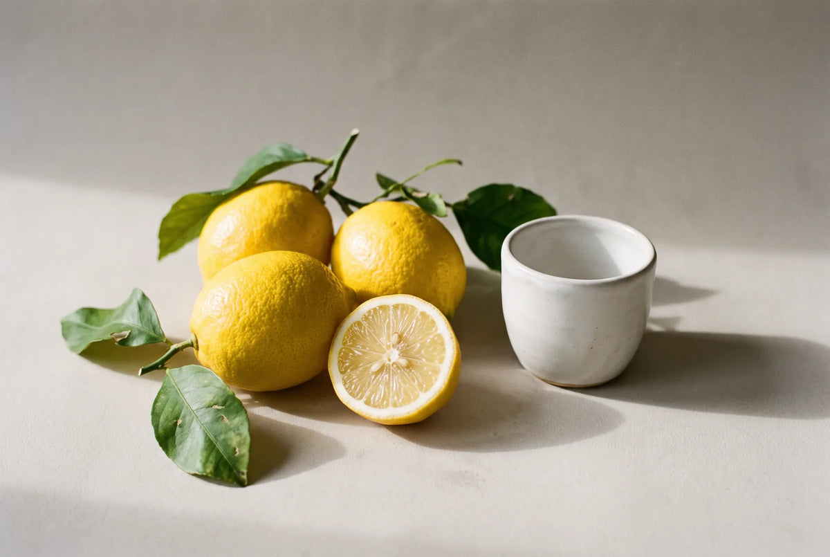 Verre d'eau tiède avec une rondelle de citron posé sur une table de cuisine, le matin
