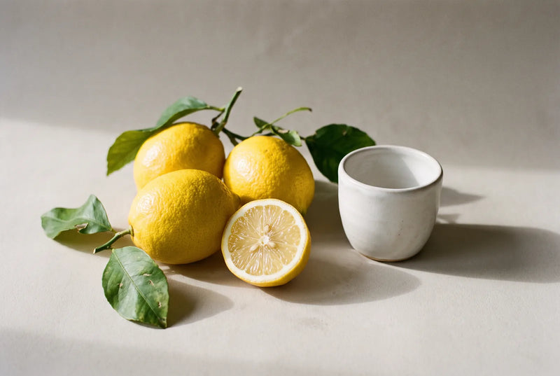 Verre d'eau tiède avec une rondelle de citron posé sur une table de cuisine, le matin
