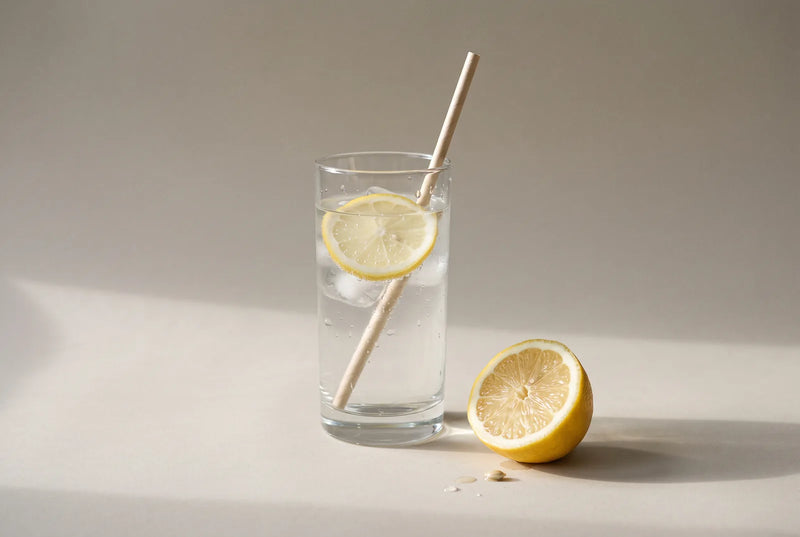 Verre d'eau avec une rondelle de citron posé sur un plan de salle de bains, à côté d'une brosse à dents à poils souples