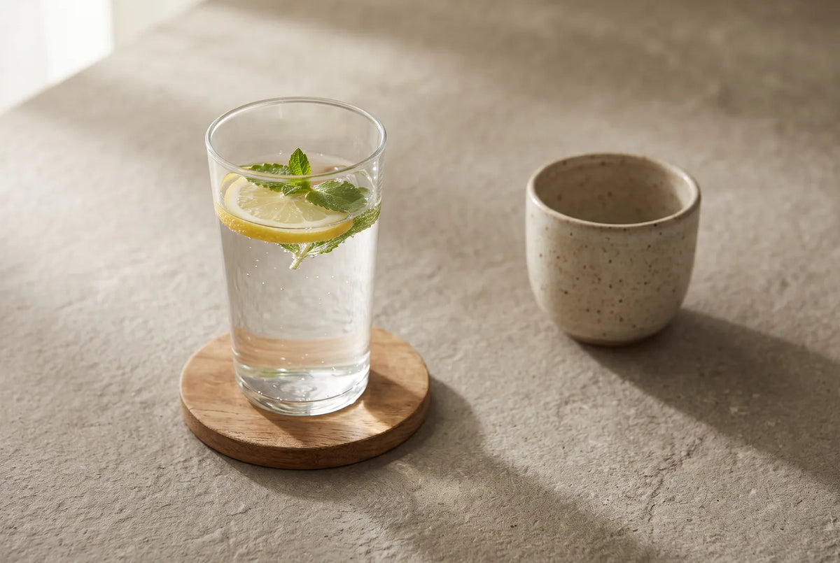 Verre d'eau et brosse à dents souple posés sur le rebord d'un lavabo de salle de bains, à la lumière du matin