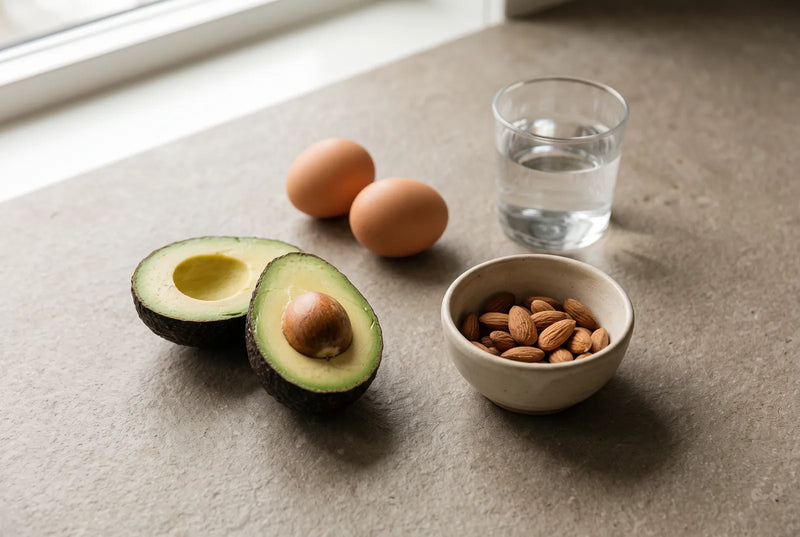 Assiette d'œufs, d'avocat et de légumes verts posée sur une table en bois, à côté d'un verre d'eau