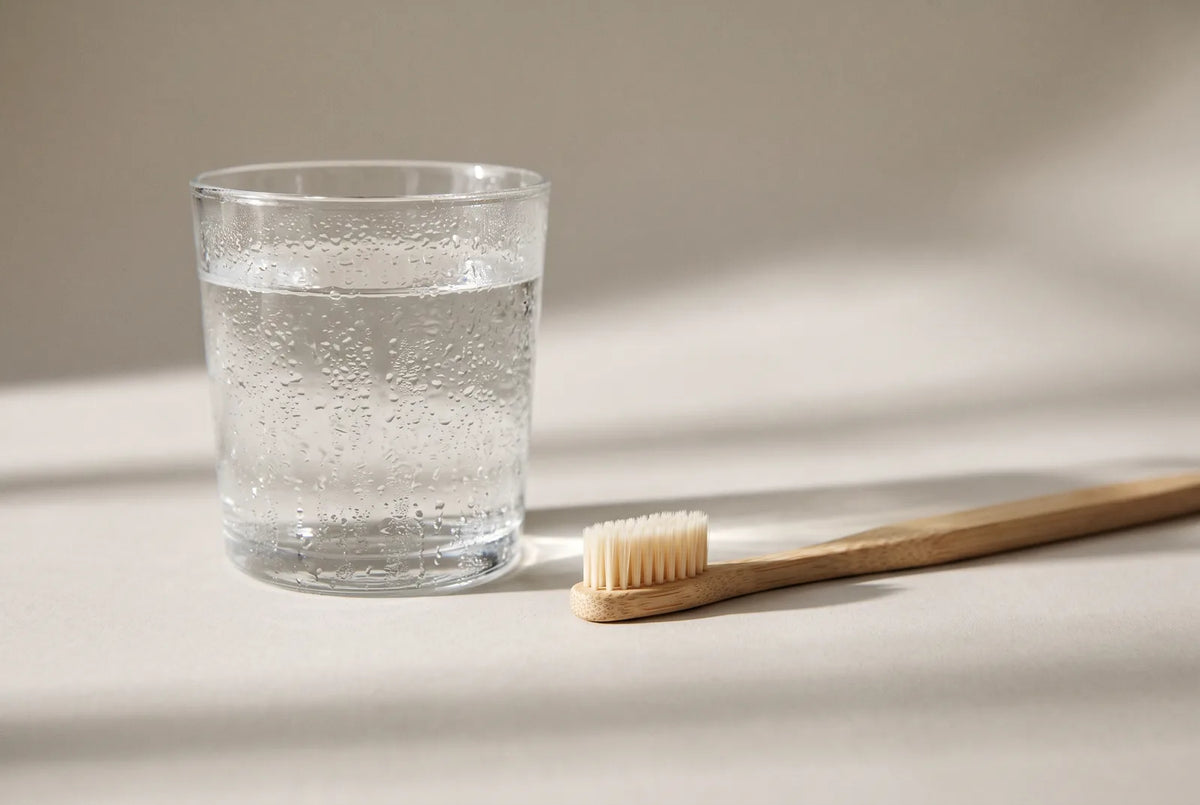 Brosse à dents à poils souples et verre d'eau posés sur un lavabo, à côté d'un paquet de cigarettes froissé