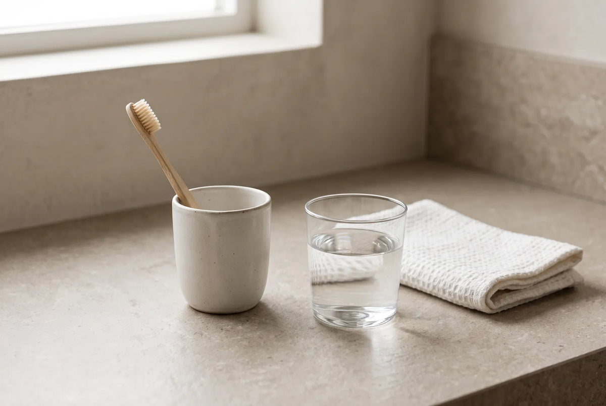 Personne qui ouvre la bouche devant un miroir pour examiner sa langue, un tube de gel et une cuillère-mesure posés sur le lavabo.