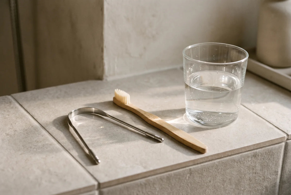 Langue tirée devant un miroir de salle de bains, avec une brosse à poils souples posée sur le lavabo.