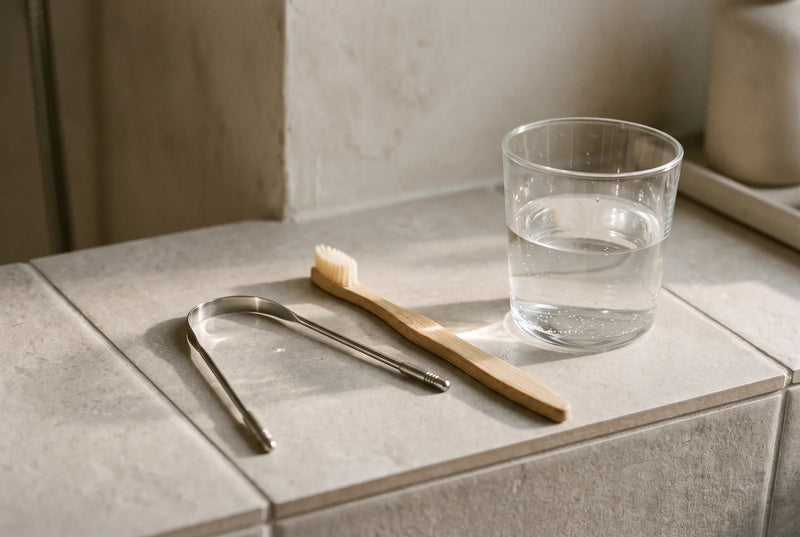 Langue tirée devant un miroir de salle de bains, avec une brosse à poils souples posée sur le lavabo.