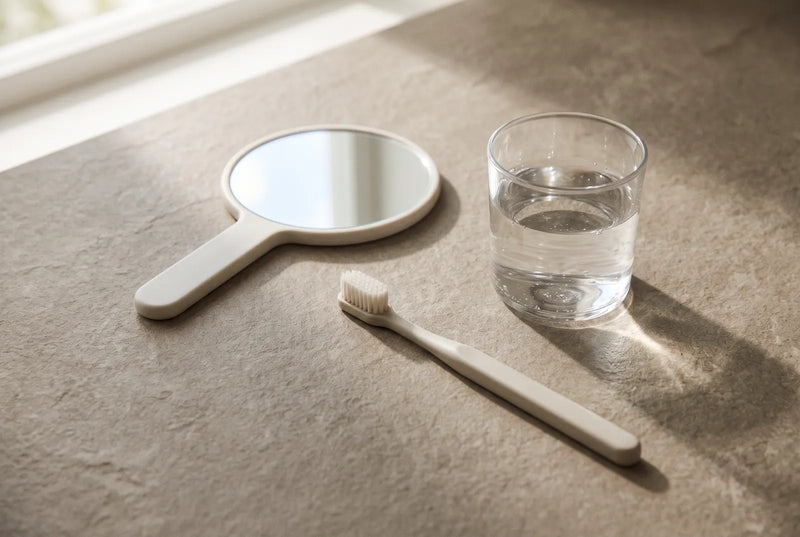 Gros plan sur une langue tirée à la lumière du jour, à côté d'une brosse à poils souples et d'un verre d'eau.