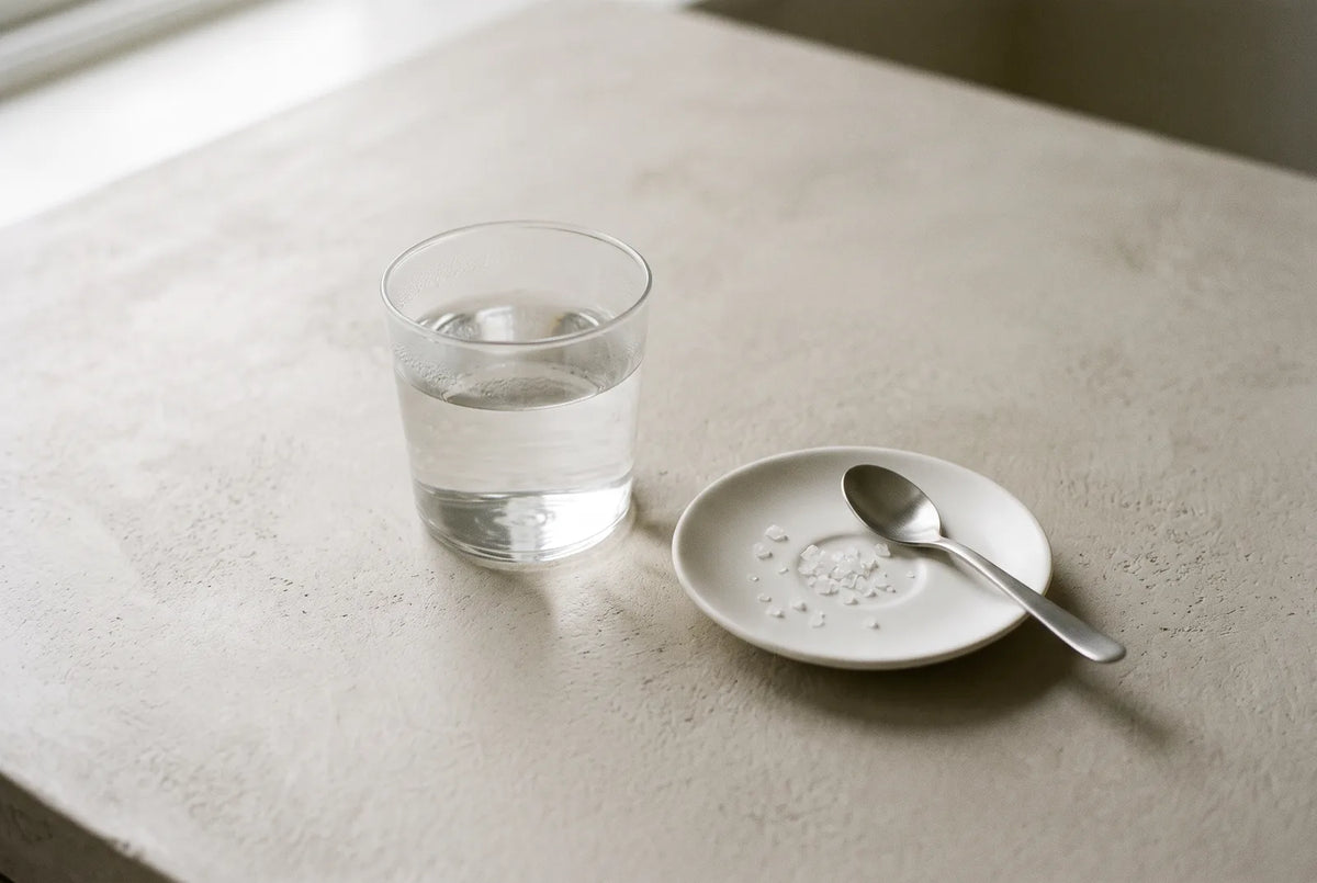 Personne en train de se gargariser au-dessus d'un lavabo, un verre d'eau et une brosse à dents posés à côté