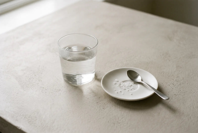 Personne en train de se gargariser au-dessus d'un lavabo, un verre d'eau et une brosse à dents posés à côté