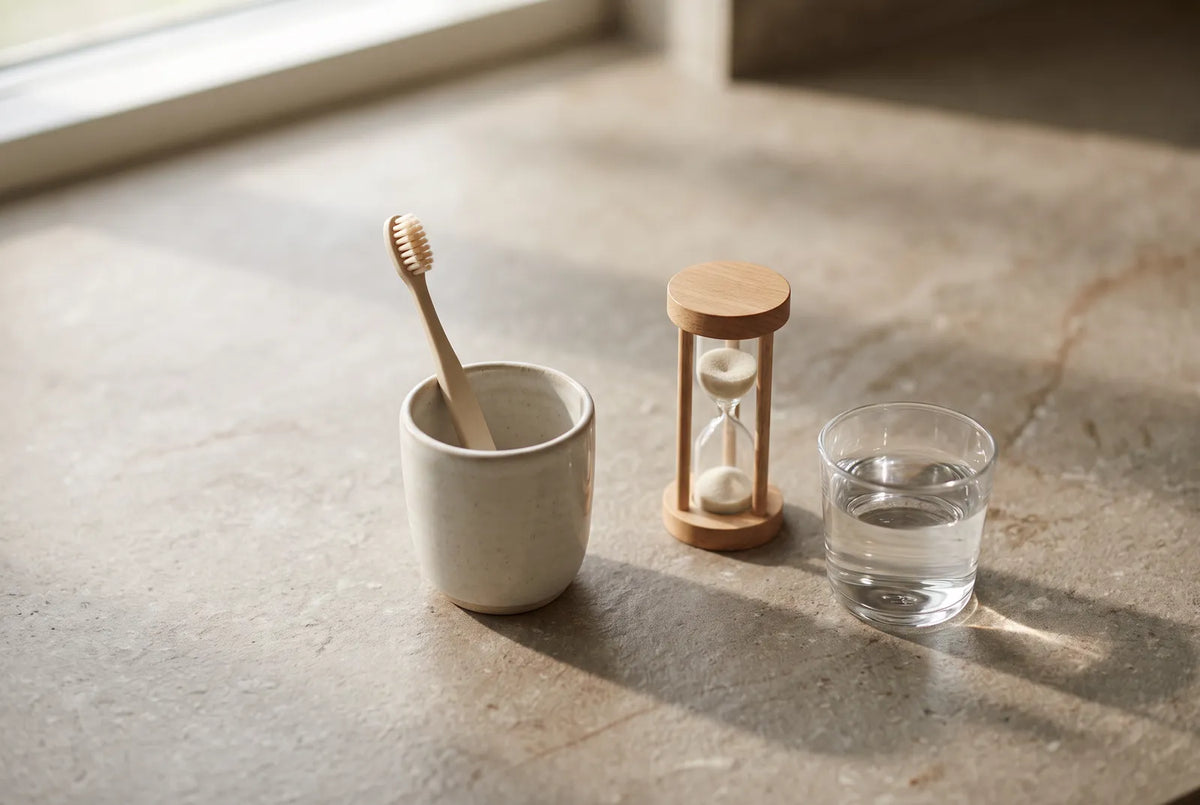 Enfant d'environ cinq ans qui se brosse les dents devant un lavabo, un adulte debout à côté de lui