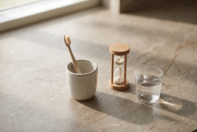 Enfant d'environ cinq ans qui se brosse les dents devant un lavabo, un adulte debout à côté de lui