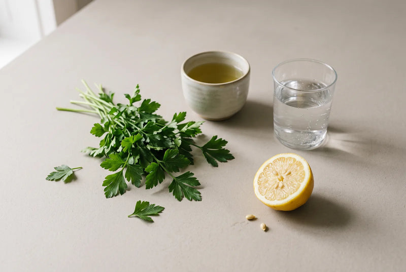 Citron coupé, verre d'eau et bouteille de vinaigre posés sur un plan de travail de cuisine