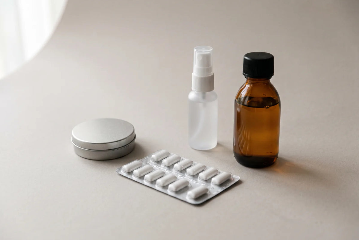 Boîte de pastilles, plaquette de chewing-gum sans sucre, flacon de bain de bouche et tube de dentifrice alignés sur une étagère de salle de bain