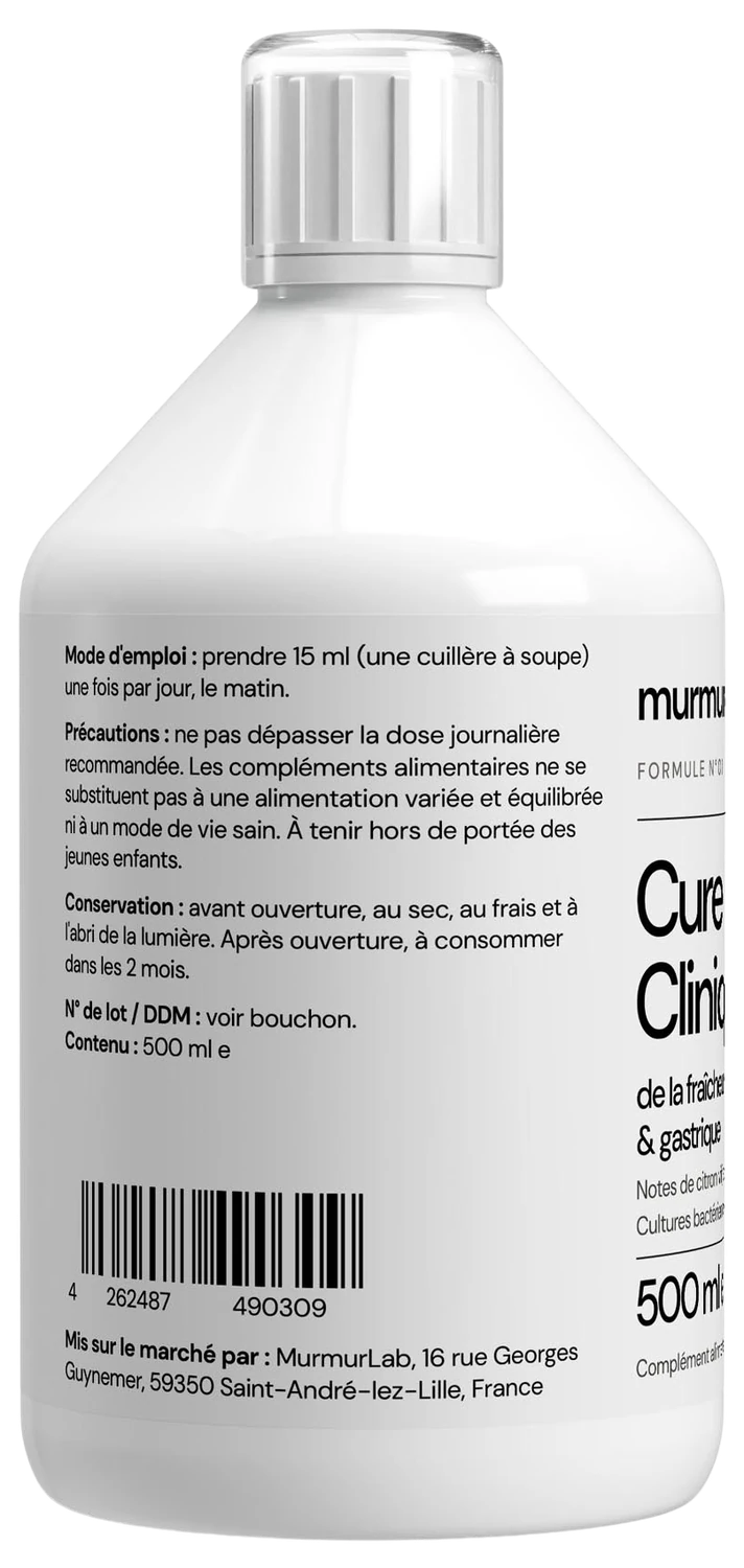 Flacon Murmure Lab, côté : mode d'emploi, conservation, code-barres et adresse